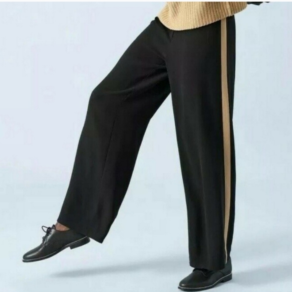 Eileen Fisher Silk Georgette Black Pants With Side Tan Lines Size 6